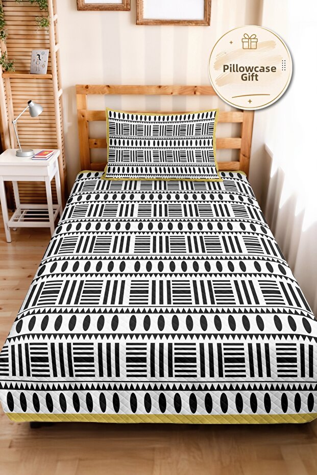 Black and White Geometric Modern Pique Set - Ethnic Minimal Mustard 160X220 cm Seasonal Bedspread