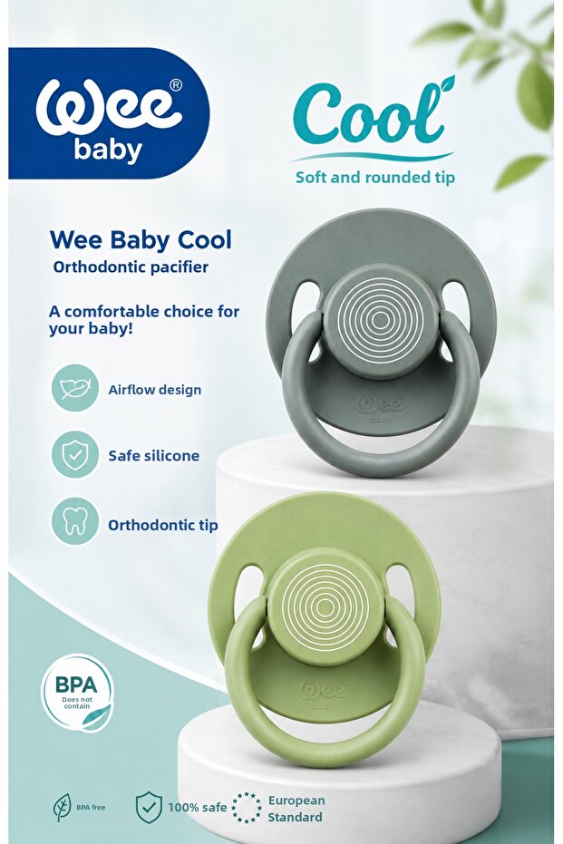 Cool Round Soft Tip Silicone Pacifier Set of 2 6-18 Months (Gray/Green)