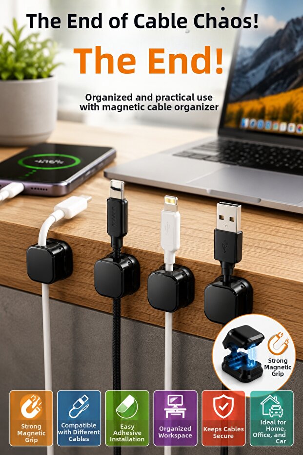 Magnetic Cable Organizer Cable Holder Set of 6 Adhesive Cable Fixer Desk Cable Management
