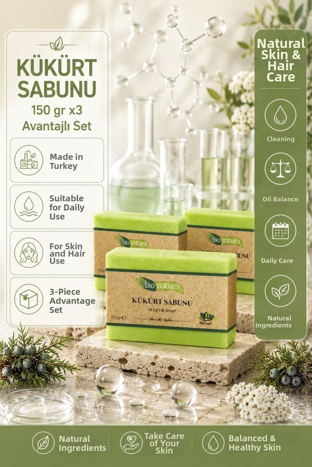 Bio Natura Sulfur Soap 150 Gr X3 Advantageous Set – Natural Skin and Hair Care Soap