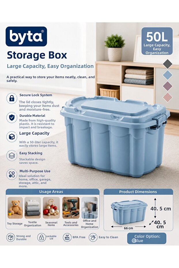 50 Liter Large Size Multi-Purpose Storage Box with Lid Durable Plastic Organizer