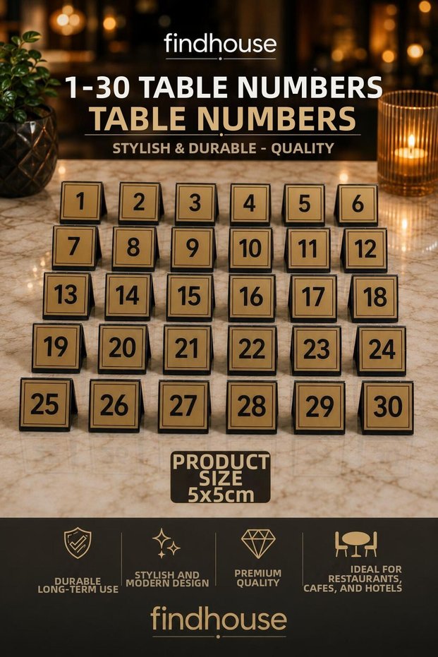Gold Look Table Numbered Numberer from 1 to 30 for Cafe, Restaurant, Hotel, Boutique Hotel