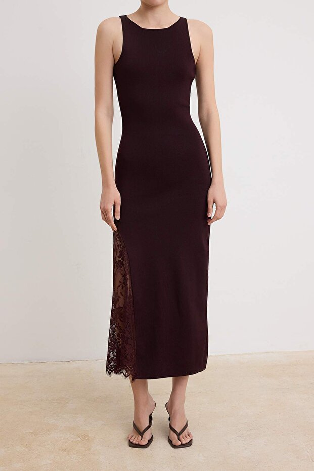 Bordo Düz Maxi Maxi Bisiklet Yaka Vücudu Saran Dantel Detaylı Triko Elbise TWOSS26EL00178 - 6