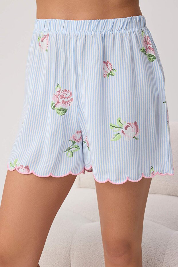 Mavi Çiçekli Biye Detaylı Viskon Dokuma Pijama Takımı THMSS26PT00207 - 3