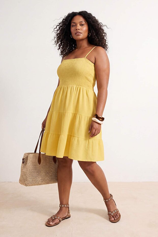 Light Yellow Strap Mini Cotton Muslin Woven Plus Size Dress Tbbss26Ah00215