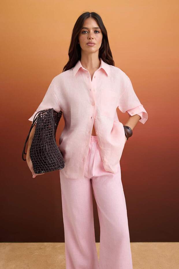 Pembe % 100 Keten Cep Detaylı Oversize Gömlek TWOSS26GO00039 - 1