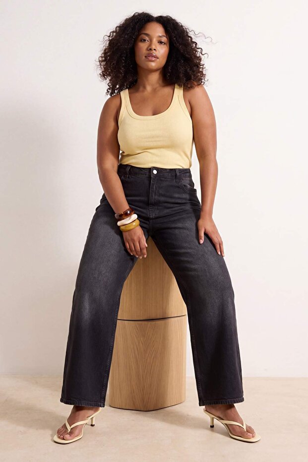 Antrasit Yüksek Bel Geniş Paça Comfort/Orta Esnek Büyük Beden Wide Leg Jeans TBBAW23CJ00020 - 1