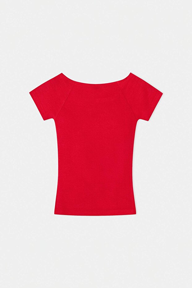 Kırmızı Kayık Yaka Düz Örme T-Shirt TKDSS26TS00084 - 5