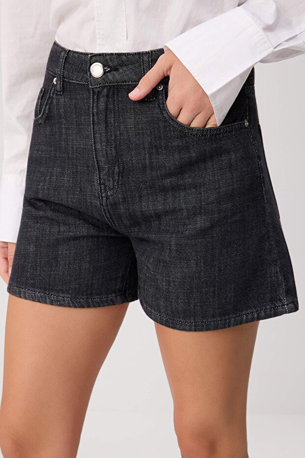 Siyah Yüksek Bel City Boy 100% Pamuk Denim Şort TWOSS26SR00261 - 3