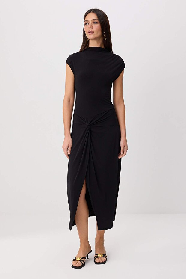 Siyah Düz Bodycon Bisiklet Yaka Standart Kol Kısa Midi Esnek Örme Elbise TWOSS26EL00661 - 1