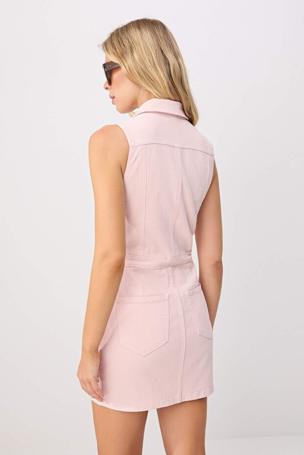 Pembe Orta Esnek Cep Detaylı Gömlek Yaka Mini Denim Elbise TWOSS26EL00985 - 4