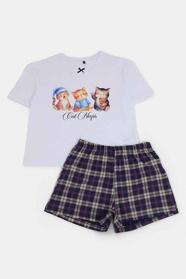 Teen Beyaz-Çok Renkli %100 Pamuklu Kedi Baskılı Ekoseli Örme Pijama Takımı THMSS26PT00160 - 5