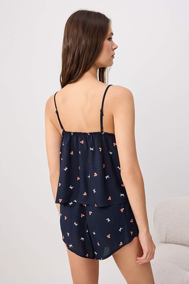Lacivert Çiçekli Bağlama Detaylı Viskon Şortlu Dokuma Pijama Takımı THMSS25PT00105 - 4