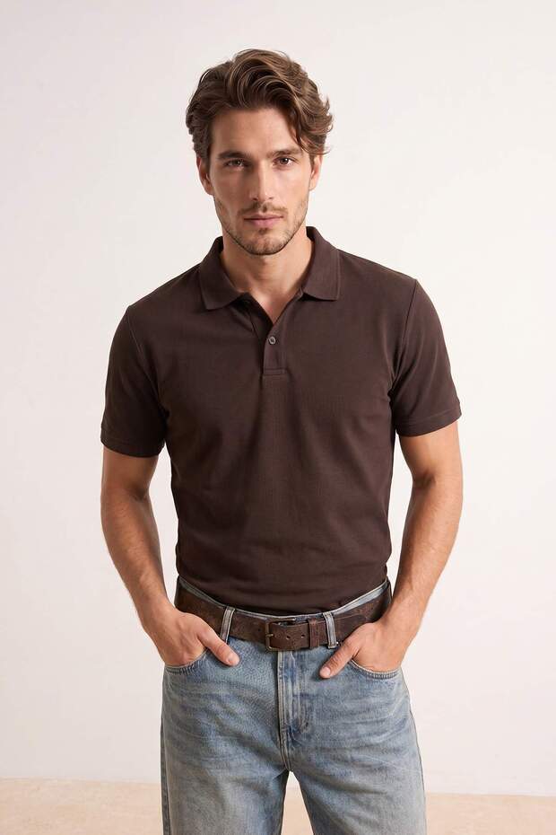 Kahverengi Regular/Normal Kesim Dokulu Polo Yaka T-shirt TMNSS26PO00047 - 1