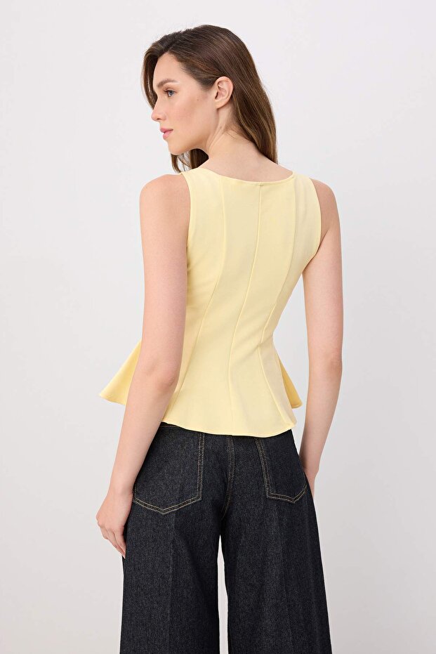 Sarı Peplum/Belden Oturmalı Kayık Yaka Esnek Örme Bluz TWOAW26BZ00229 - 4