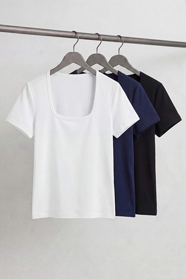 Trendyolmilla  Siyah Beyaz Lacivert 3'lü Paket Vücuda Oturan Esnek Örme Bluz TWOSS26BZ01056 - Görsel 2