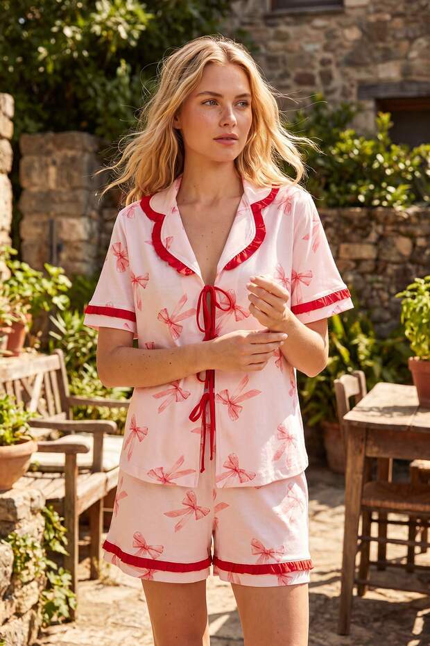 Pembe %100 Pamuklu Kurdele/Fiyonklu Fırfırlı Şortlu Örme Pijama Takımı THMSS25PT00293 - 2
