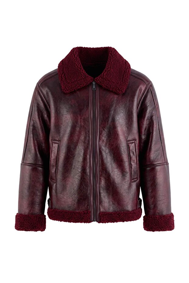 Bordo Oversize Kalıp Peluş Detaylı Biker Ceket Mont TWOAW25MO00032