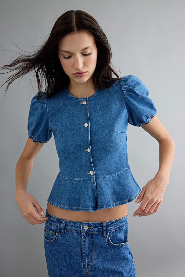 Mavi Balon Kollu Düğme Detaylı Peplum Denim Bluz TWOAW27BZ00037