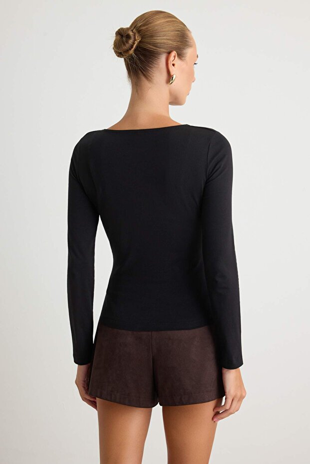 Siyah Pamuklu Esnek Kayık Yaka Fitted/Vücuda Oturan Esnek Örme Bluz TWOAW24BZ00166 - 4
