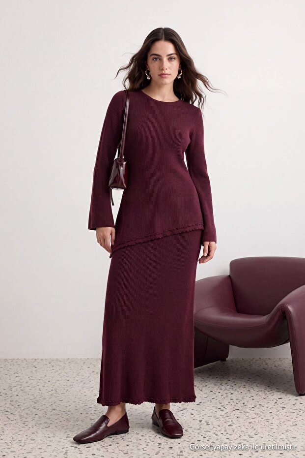 Bordo Regular Düz Triko Tesettür Alt - Üst Takım TCTAW27US00007