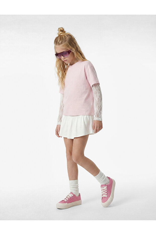 Long Sleeve Crew Neck Blouse with Lace Sleeve Detail