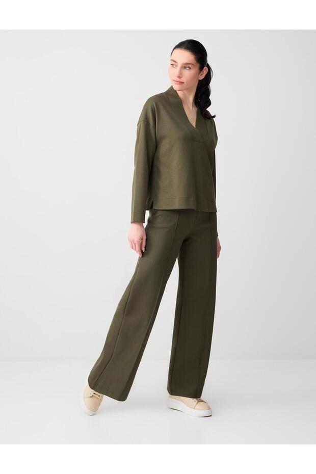 Khaki Relaxed Fit Wide Leg High Waist Long Knitted Trousers