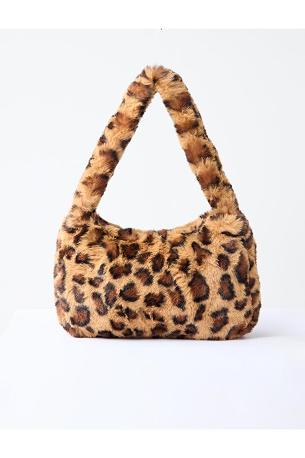 Brown Leopard Patterned Plush Shoulder Bag - 1