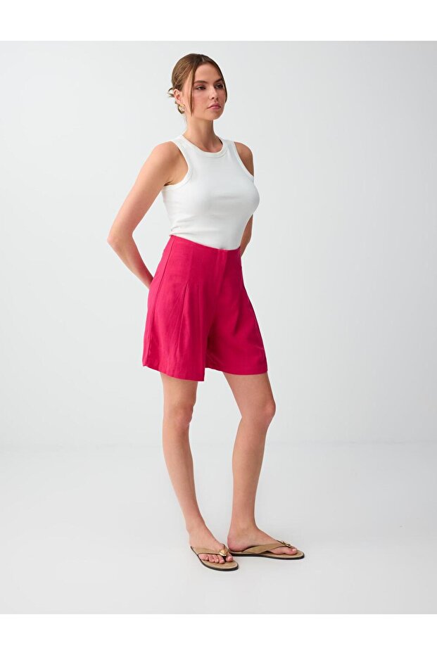 Fuchsia Linen Blend High Waist Woven Shorts