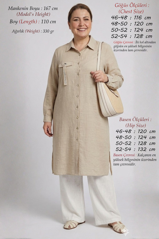 Plus Size Comfortable Cut Spring Summer Hijab Cotton Linen Side Slit Mother's Shirt Stone Accessory Detailed Long Tunic Beige