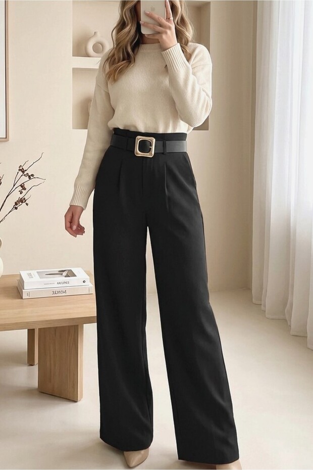 Buckle Belted, Folded Waist, Wide Leg Modal Crepe Trousers - Black