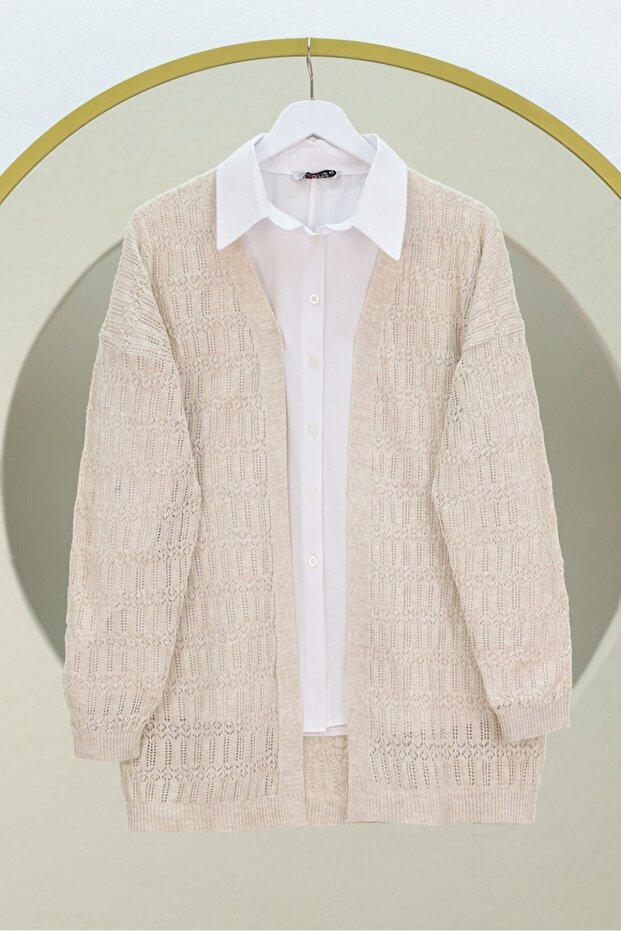 Openwork Patterned Spring Cardigan - Stone - 3