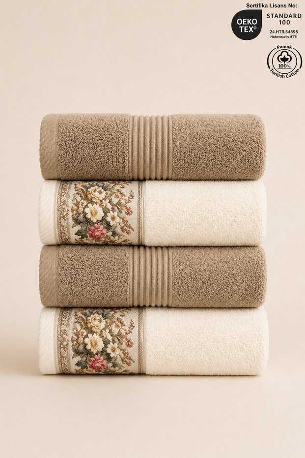4-Piece Fiore Hand and Face Towel Set 100% Cotton Certified | Striped Beige and Floral Cream Towel Set