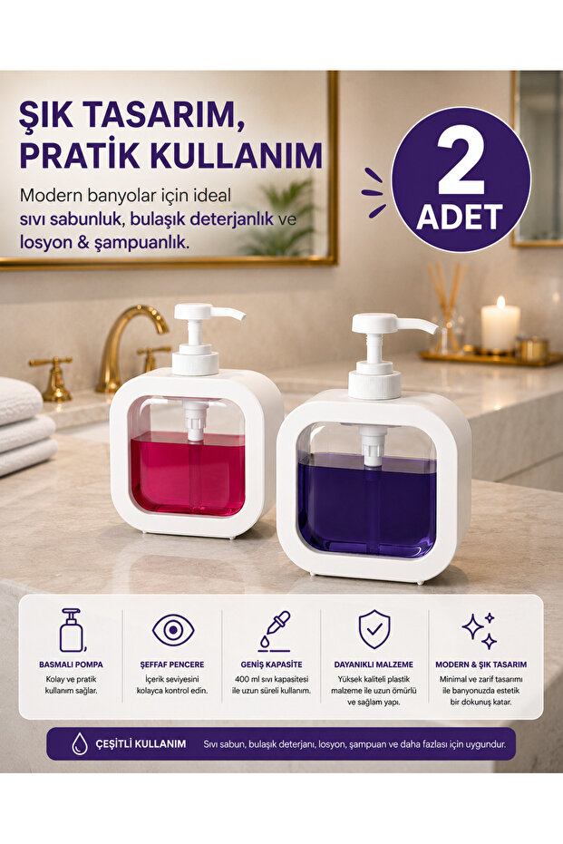 2 Countertop 400 ml Bathroom Kitchen Liquid Soap Dispenser| Bathroom Kitchen Dish Sink Detergent Holder