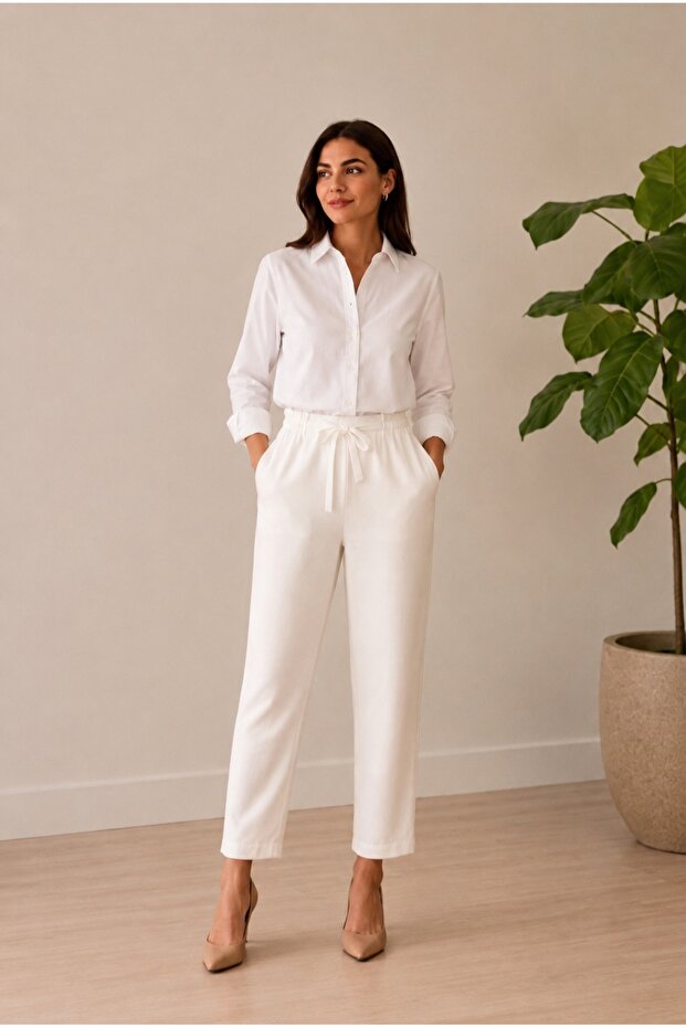Women's Ecru Summer Crepe Pants with Elastic Waistband