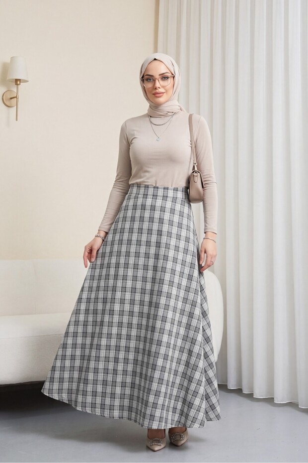 Elastic Waist Plaid Patterned Polyviscon Skirt - Light Gray