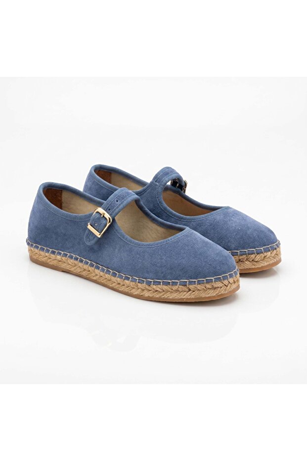 Flat Genuine Suede Leather Blue Women's Espadrille
