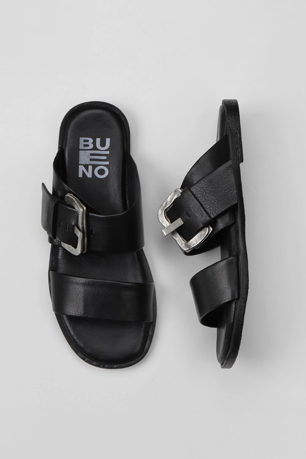 Black Leather Women's Flat Slippers 01Wy2001