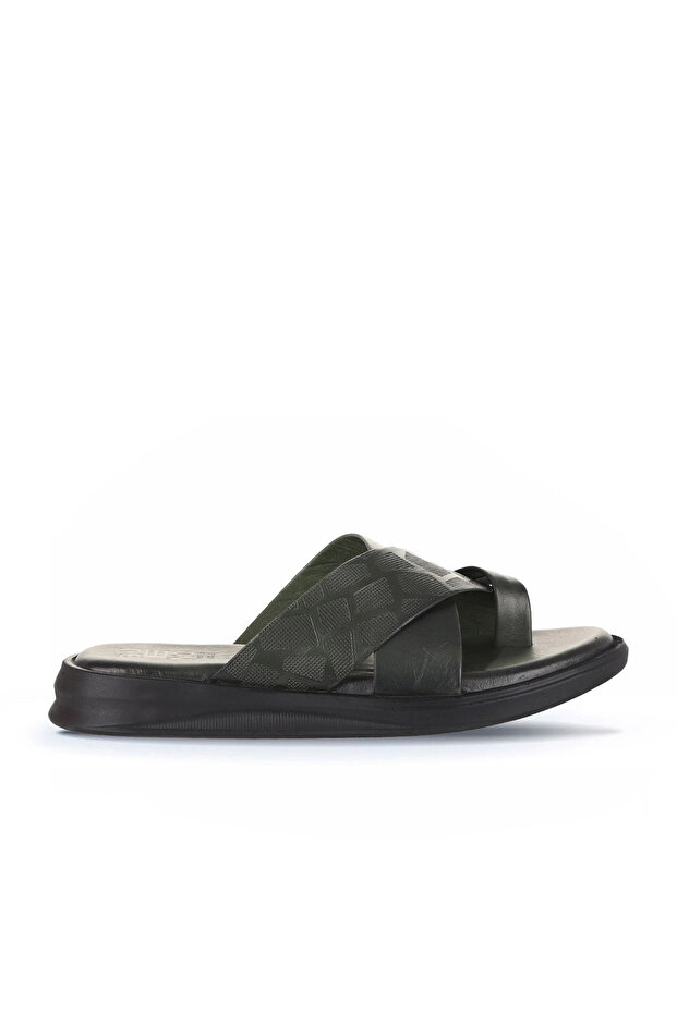 Khaki Printed Leather Men's Flat Slippers 25Mt2232