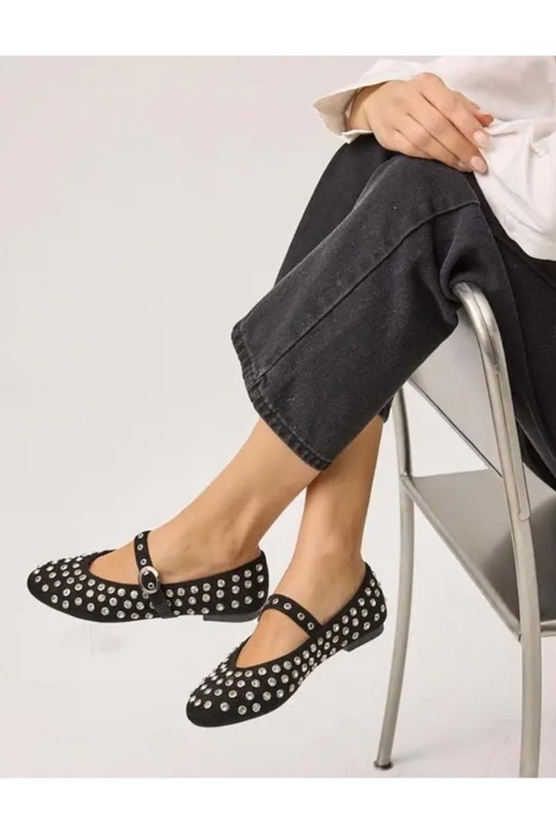 Feles Stone Stud Detailed Women's Ballerina Shoes Black