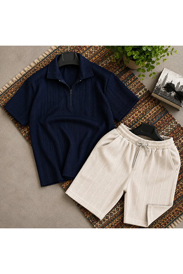 Men's Ottoman Fabric Zipper T-Shirt Shorts Summer Bottom Top Set