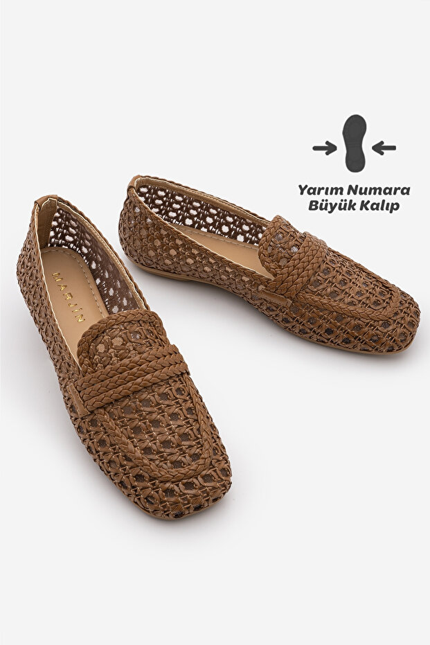Women's Loafer Blunt Toe Mesh Hand Knitted Casual Shoes Doreli Tan Straw