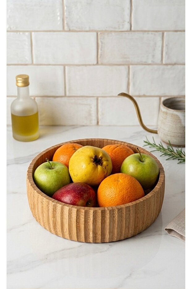 Bamboo Wooden Bowl 22 cm | Salad & Fruit Presentation Bowl | Decorative Round Serving Bowl"