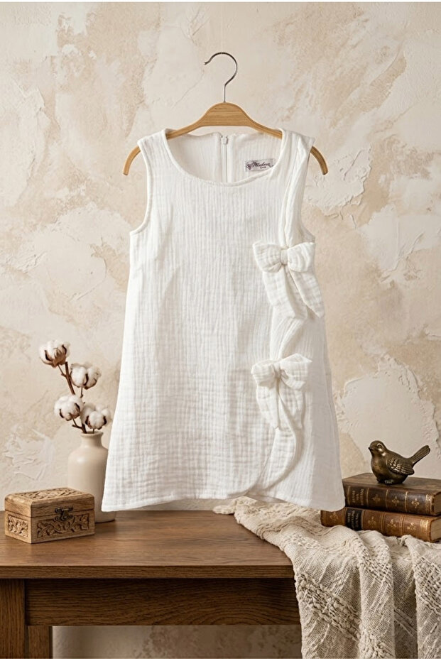 Girl's Dress with Bow, Muslin Fabric