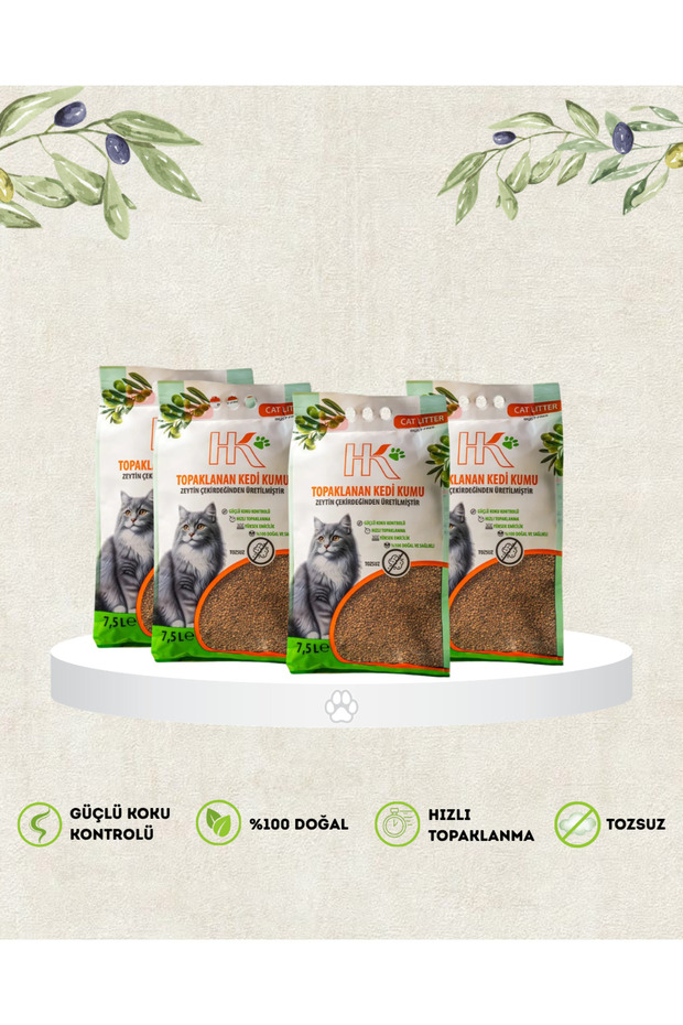 HK Cat Litter | Zeytin Çekirdeğinden Üretilen %100 Doğal Aktif Karbonlu Kedi Kumu 7.5L (4lü Paket)