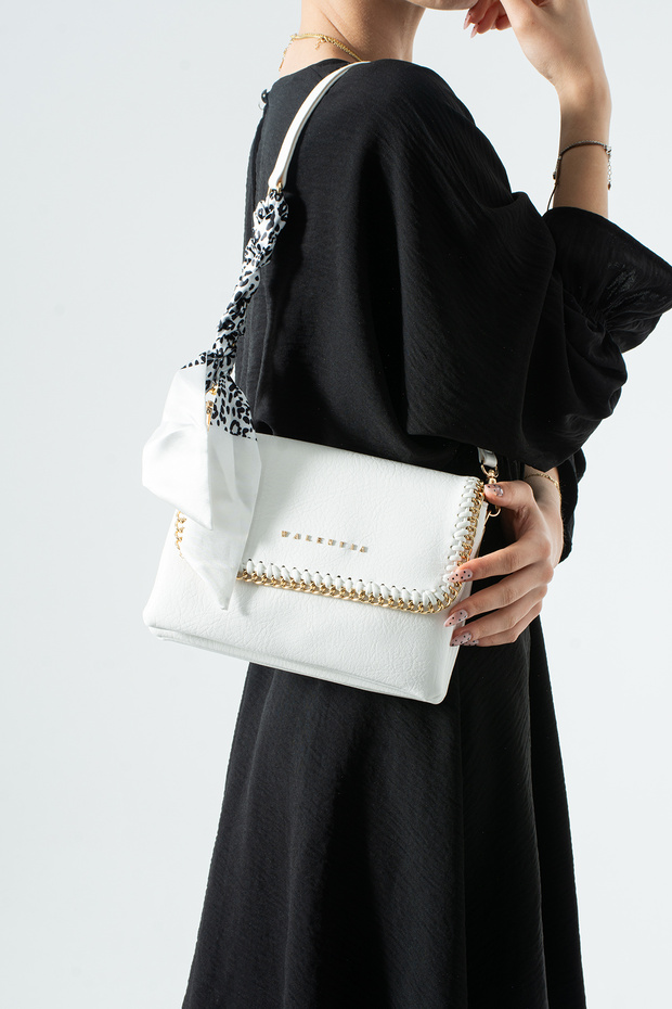 White Covered Four-Compartment Shoulder and Crossbody Women's Bag with Scarf and Chain Detail
