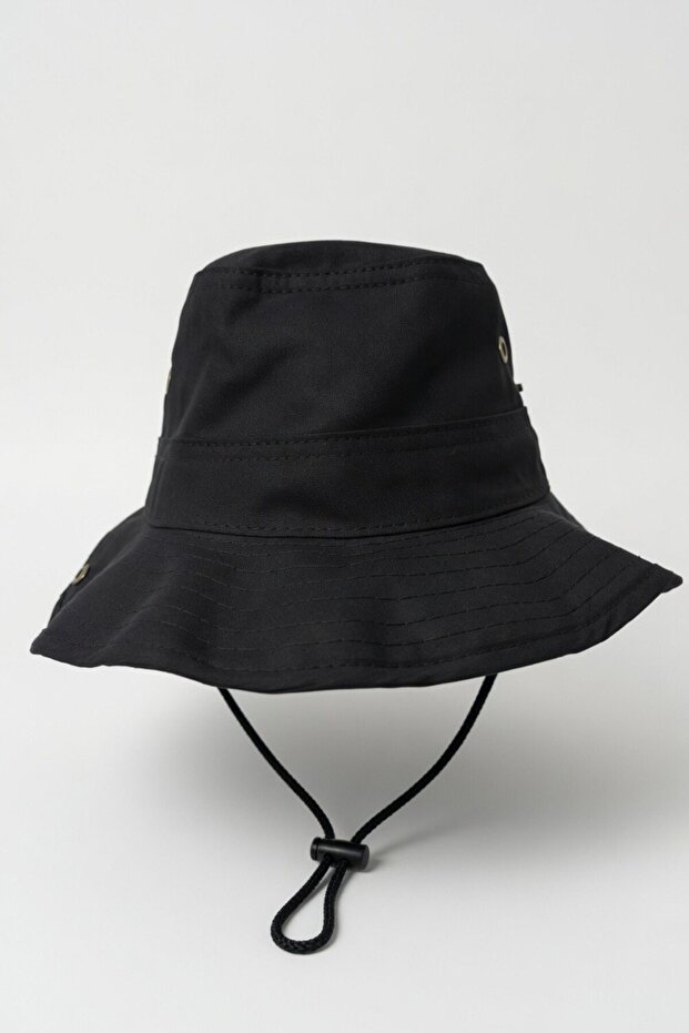 Safari Bucket Hat Camping Nature Hiking Accessory | Unisex Black Snap Fastener Neck Strap