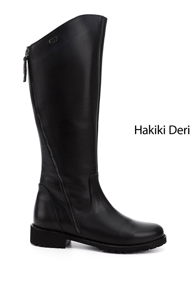 Women's Black Double Zippered Rubber Sole Genuine Leather Boots