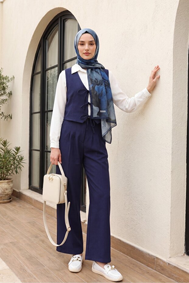 Tie-Front Vest and Trousers Double Set - Dark Blue