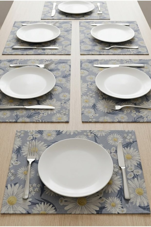 Plate Mat American Service Set of 6 Stain Resistant Rectangular Fabric Blue Daisy Patterned 35X45